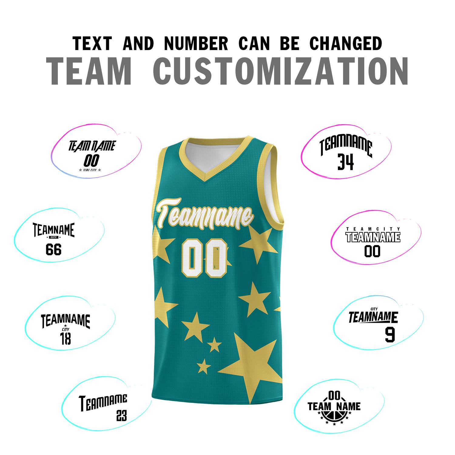 Custom Aqua Old Gold Graffiti Pattern Star Print Basketball Kits Sets