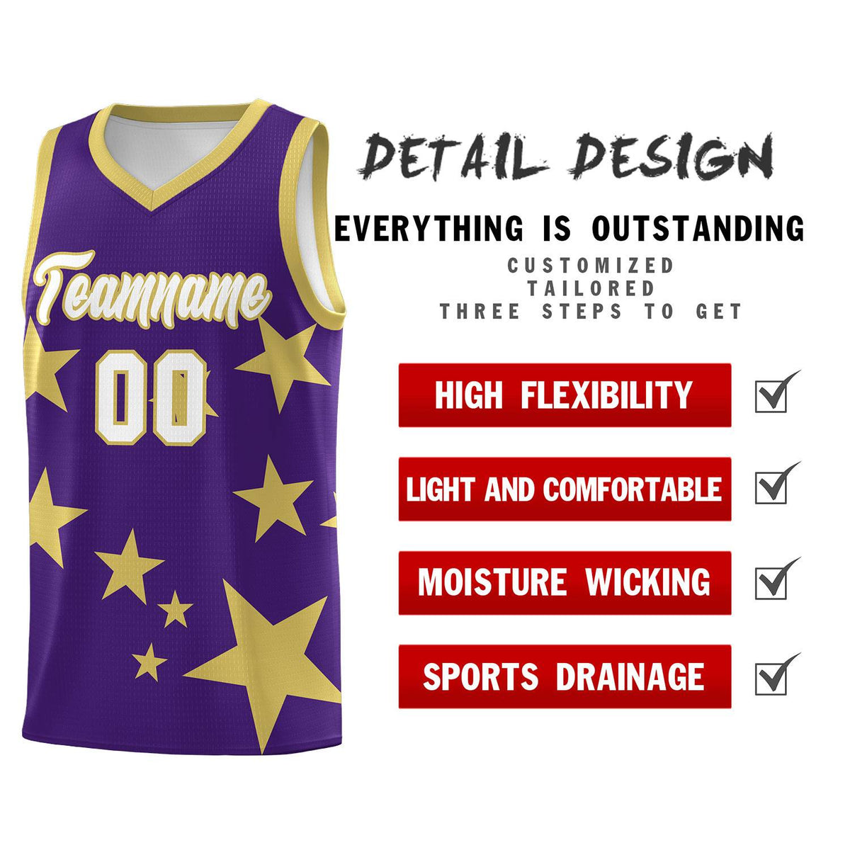 Custom Purple Old Gold Graffiti Pattern Star Print Basketball Kits Sets