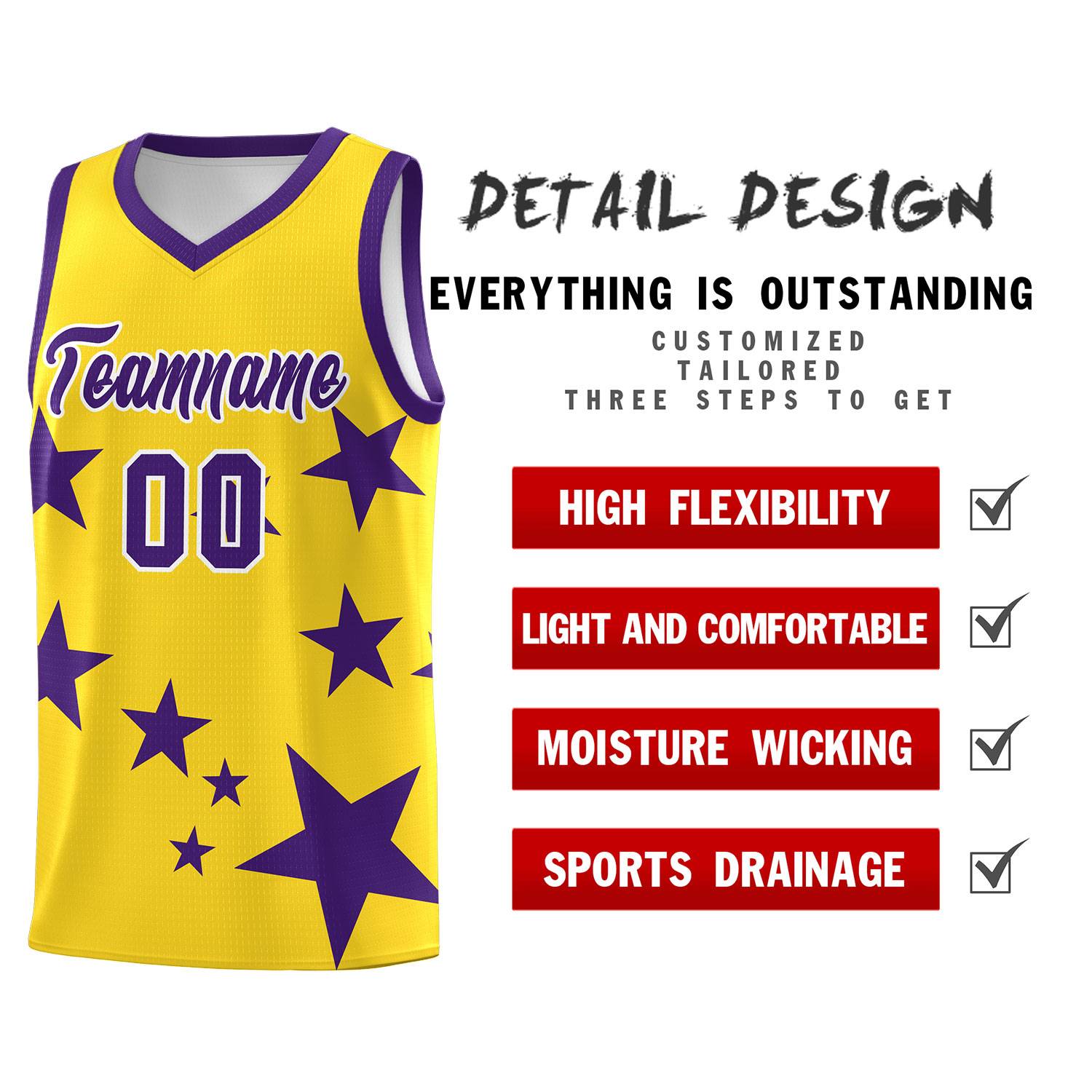 Custom Gold Purple Graffiti Pattern Star Print Basketball Kits Sets