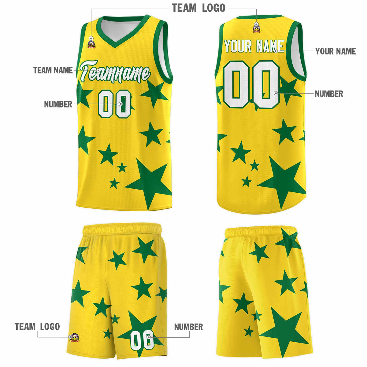 Custom Gold Kelly Green Graffiti Pattern Star Print Basketball Kits Sets
