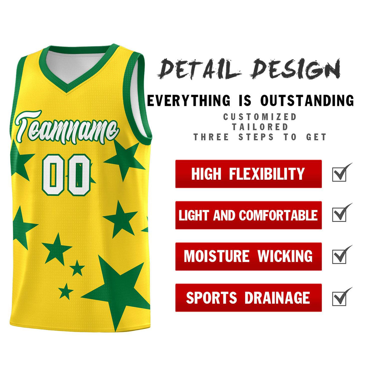Custom Gold Kelly Green Graffiti Pattern Star Print Basketball Kits Sets