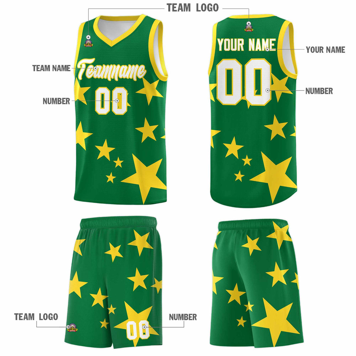 Custom Kelly Green Gold Graffiti Pattern Star Print Basketball Kits Sets