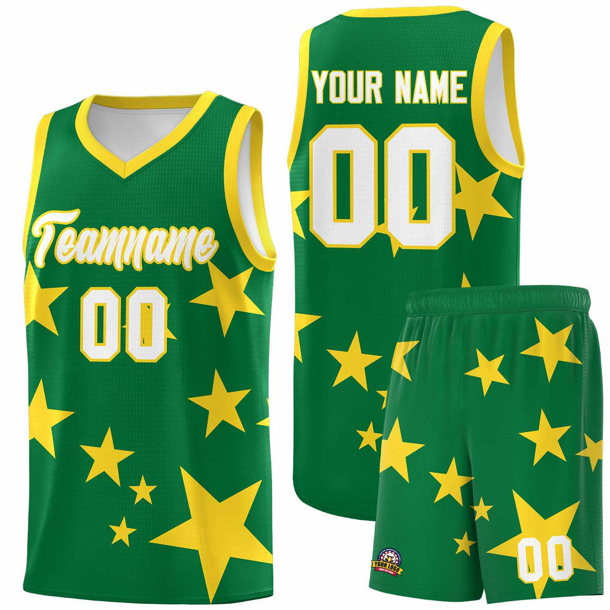 Custom Kelly Green Gold Graffiti Pattern Star Print Basketball Kits Sets
