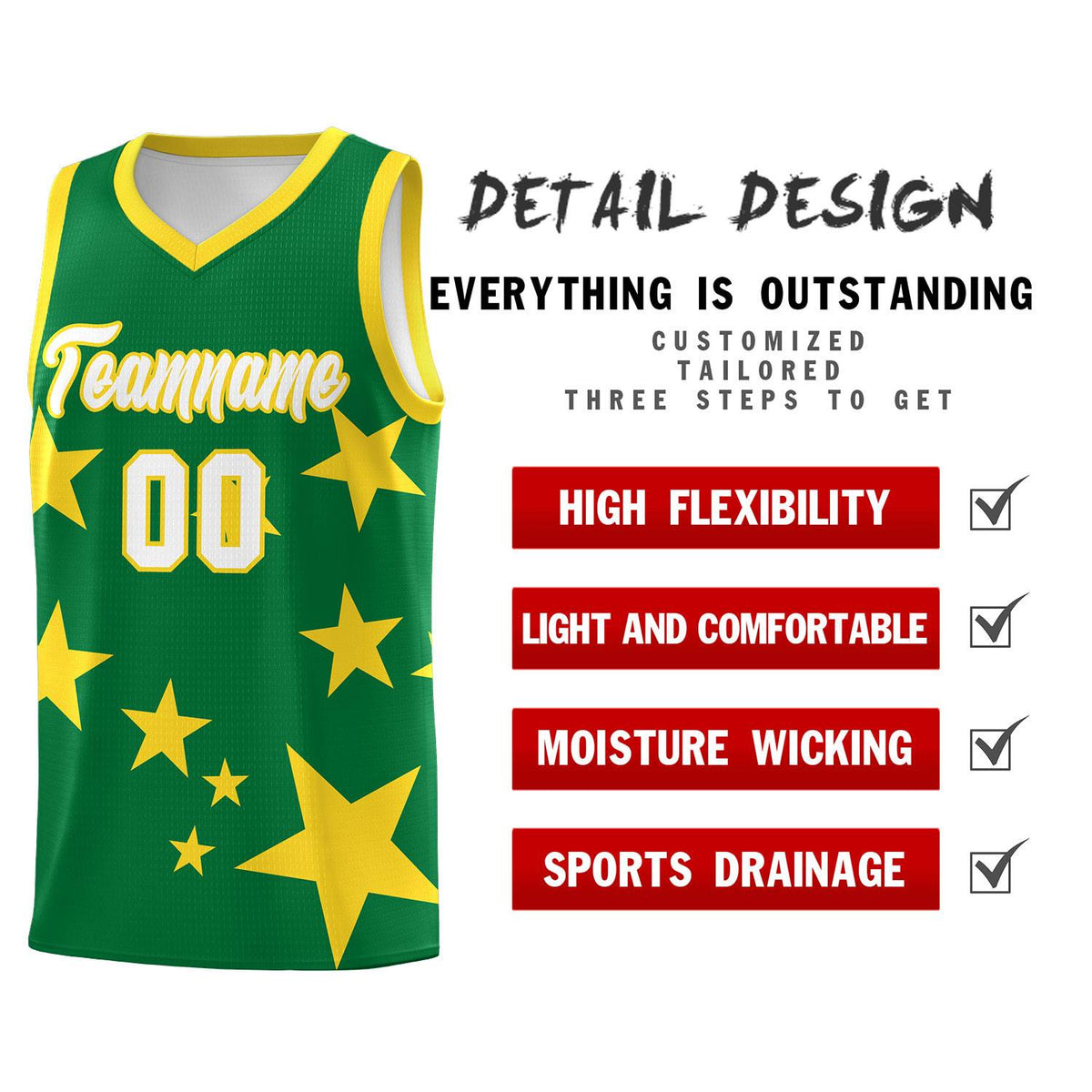Custom Kelly Green Gold Graffiti Pattern Star Print Basketball Kits Sets