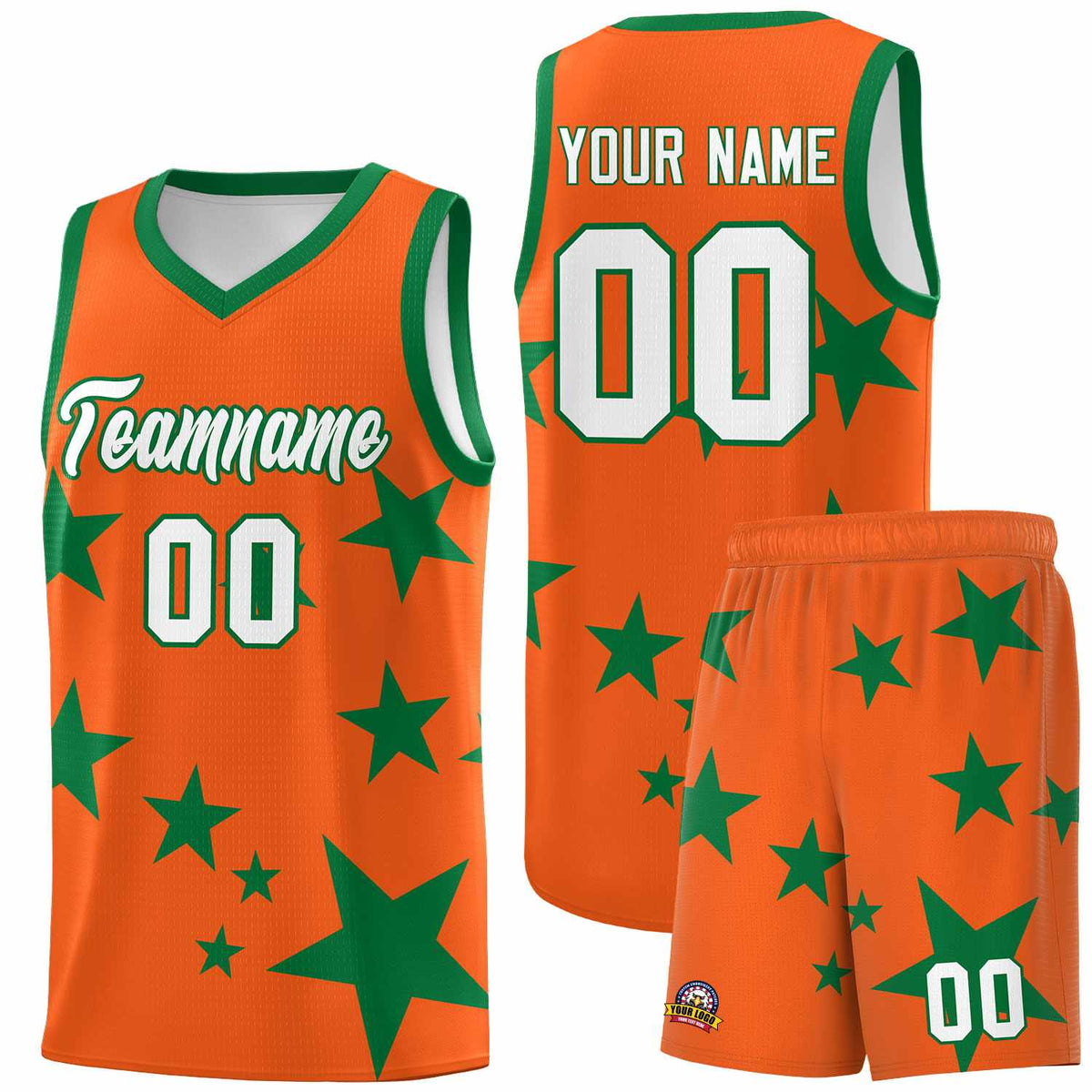 Custom Orange Kelly Green Graffiti Pattern Star Print Basketball Kits Sets