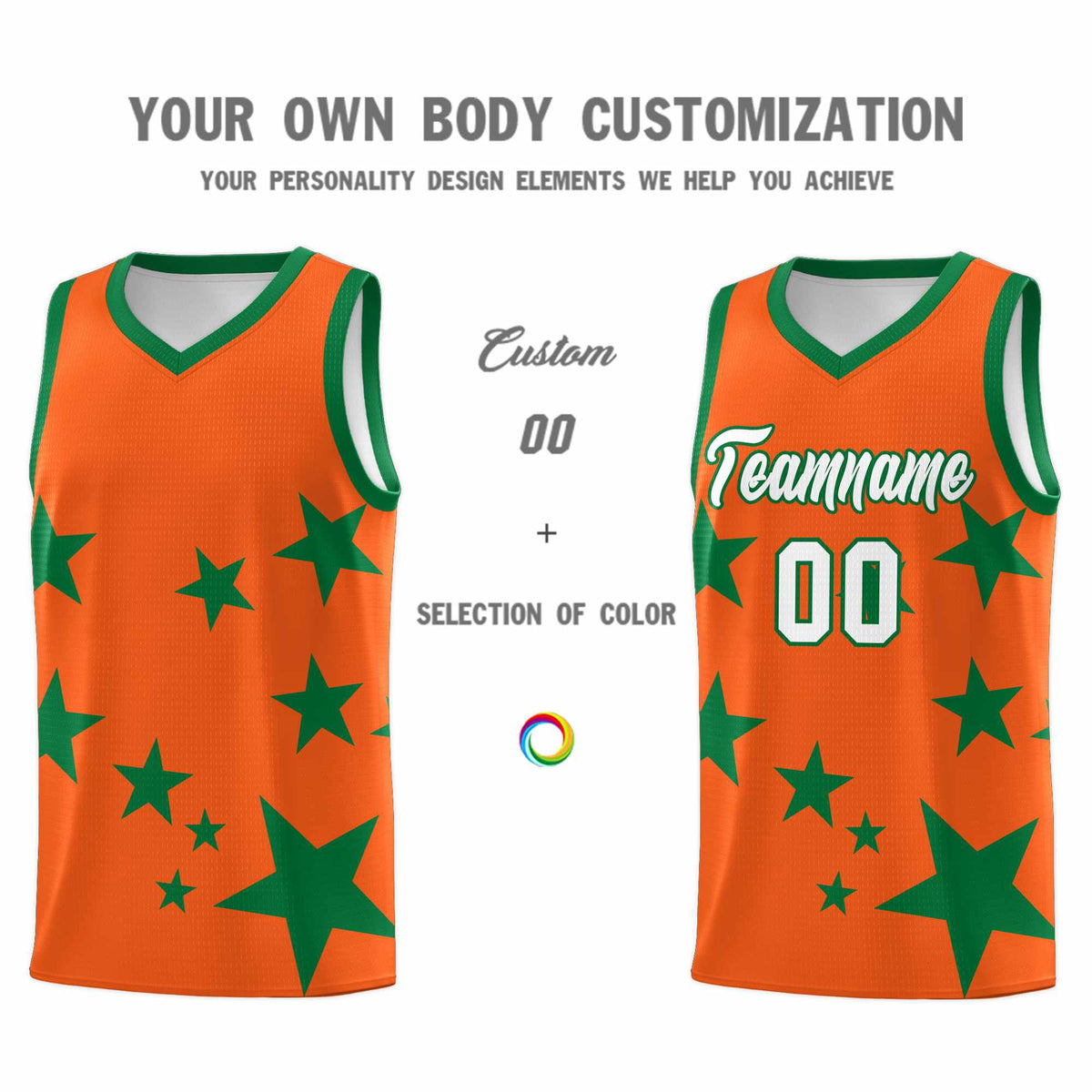 Custom Orange Kelly Green Graffiti Pattern Star Print Basketball Kits Sets