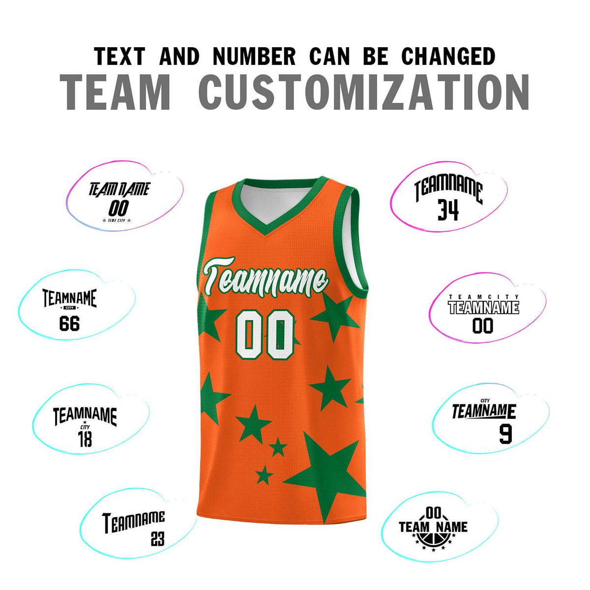 Custom Orange Kelly Green Graffiti Pattern Star Print Basketball Kits Sets