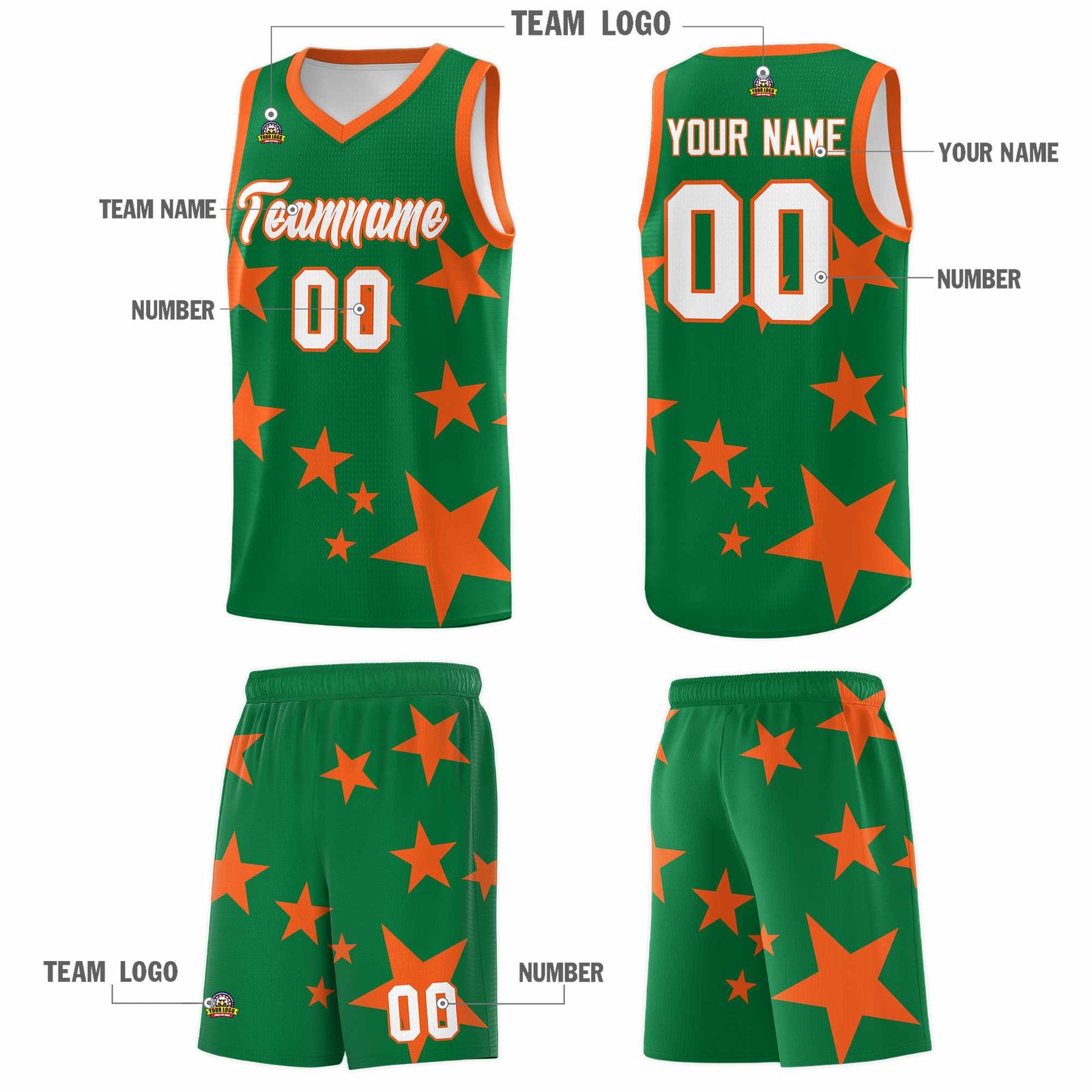 Custom Kelly Green Orange Graffiti Pattern Star Print Basketball Kits Sets