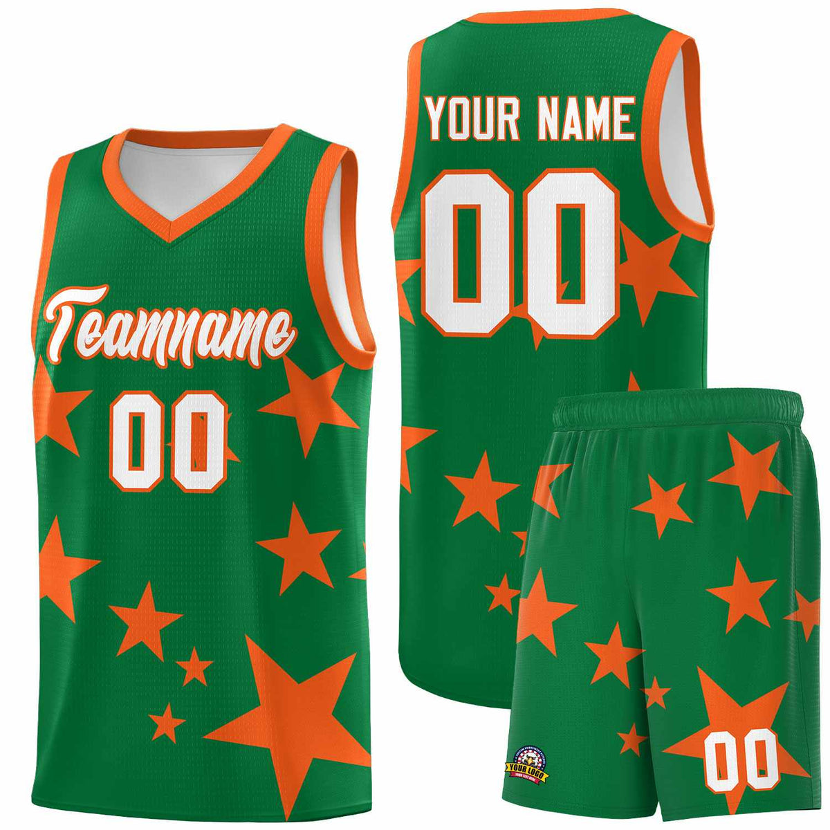 Custom Kelly Green Orange Graffiti Pattern Star Print Basketball Kits Sets