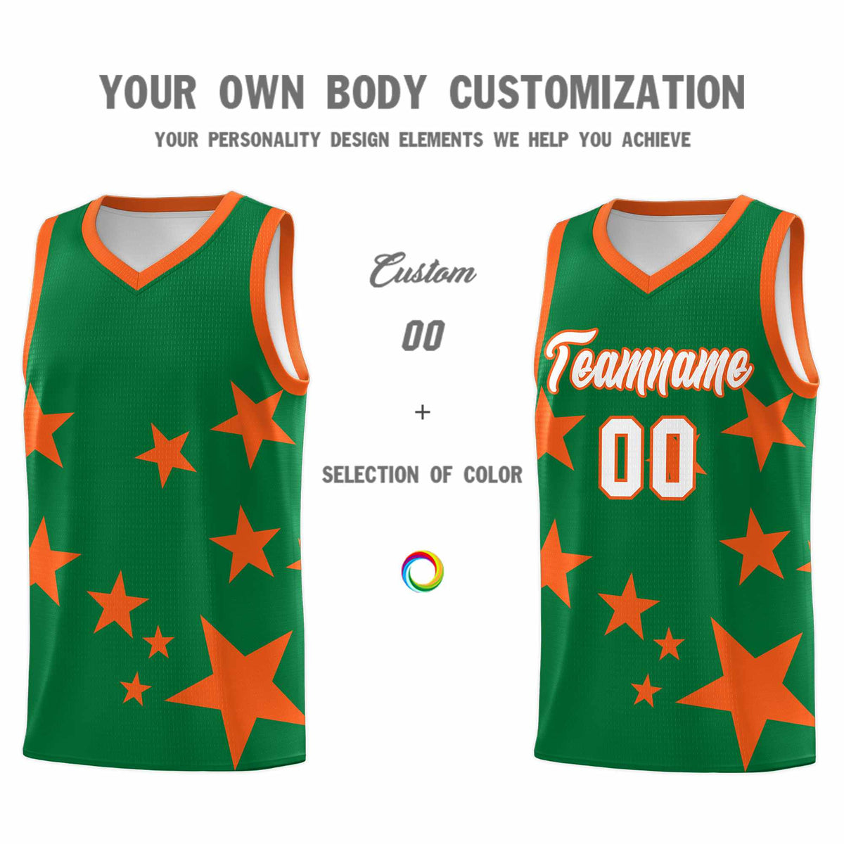 Custom Kelly Green Orange Graffiti Pattern Star Print Basketball Kits Sets