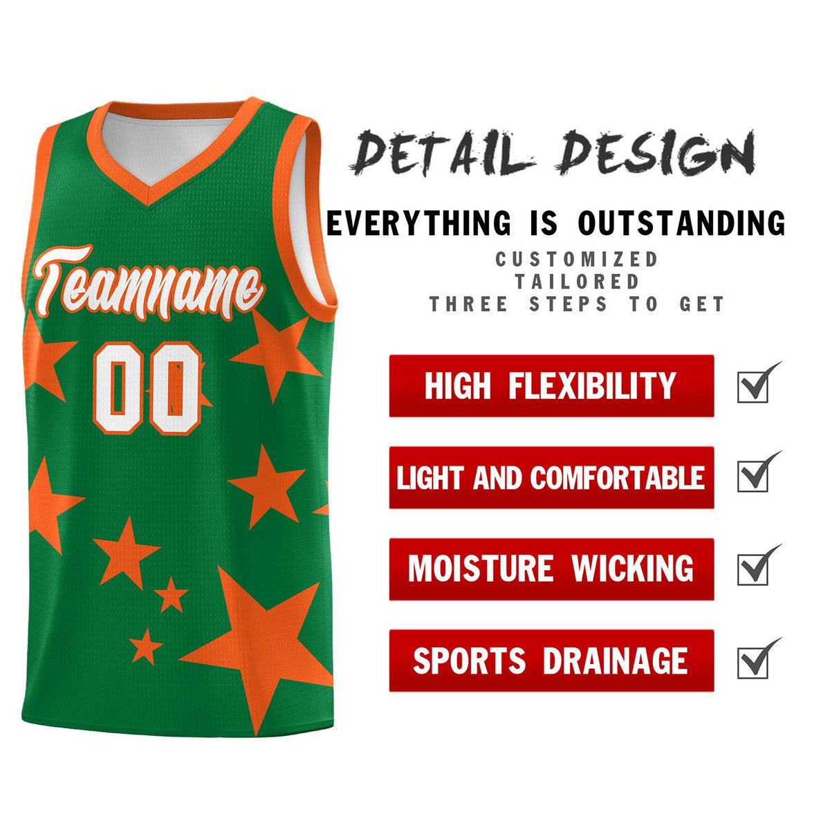 Custom Kelly Green Orange Graffiti Pattern Star Print Basketball Kits Sets