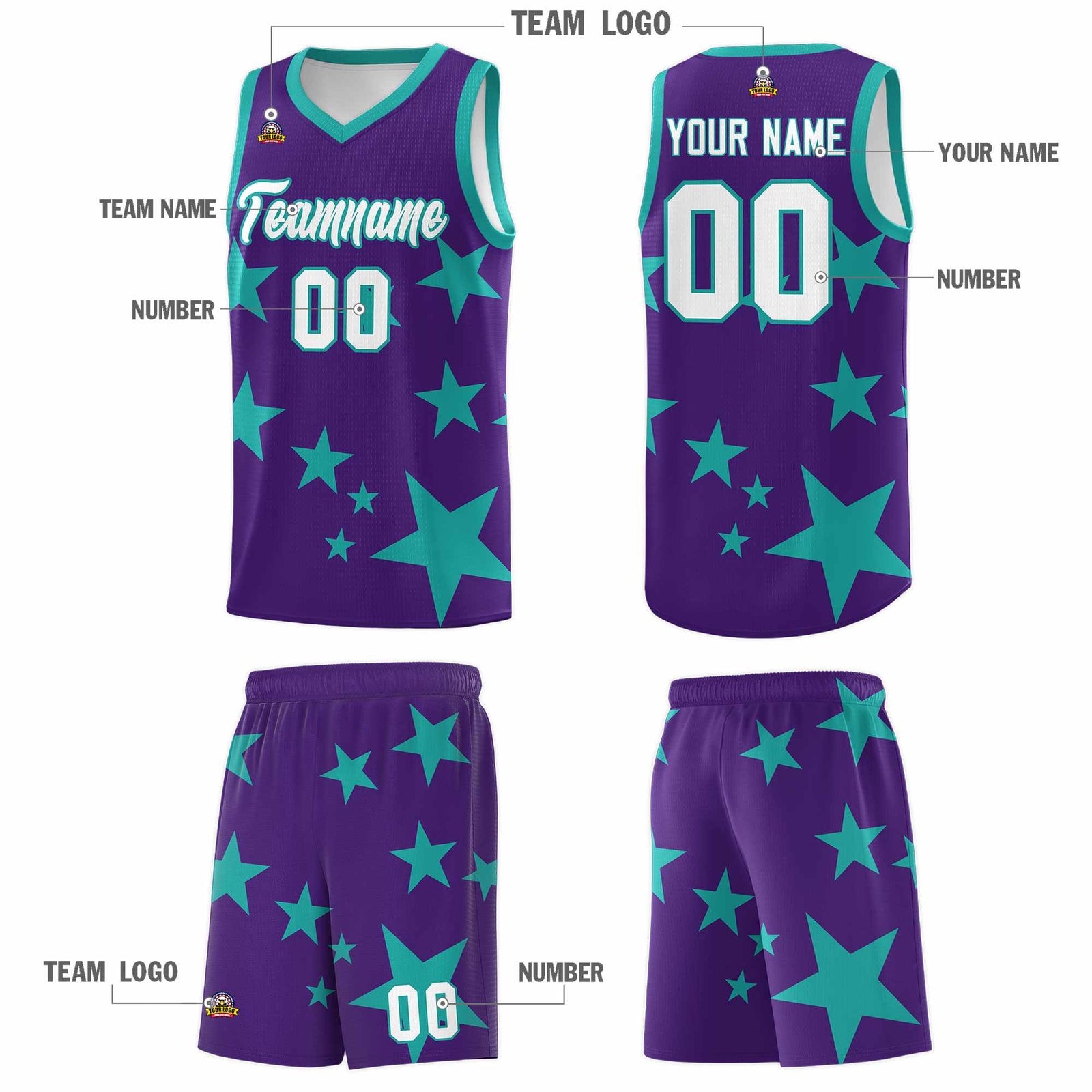 Custom Purple Aqua Graffiti Pattern Star Print Basketball Kits Sets