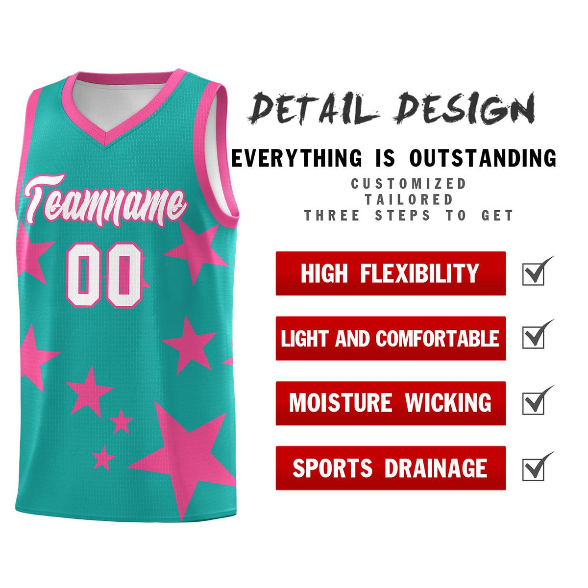 Custom Aqua Pink Graffiti Pattern Star Print Basketball Kits Sets
