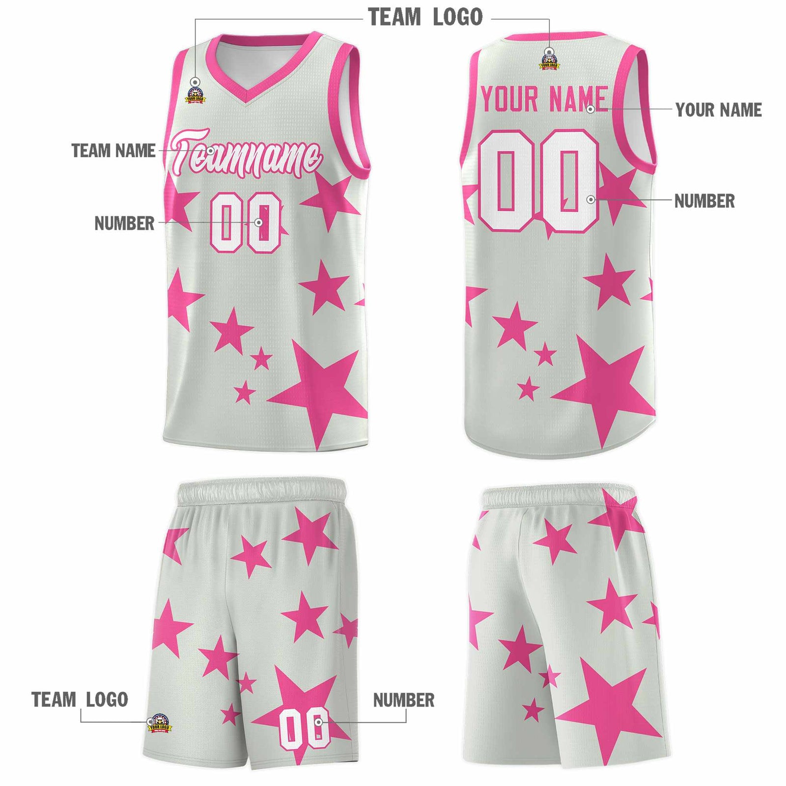 Custom Gray Pink Graffiti Pattern Star Print Basketball Kits Sets