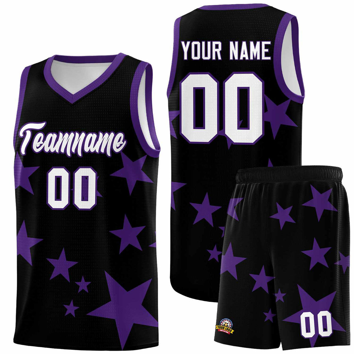 Custom Black Purple Graffiti Pattern Star Print Basketball Kits Sets