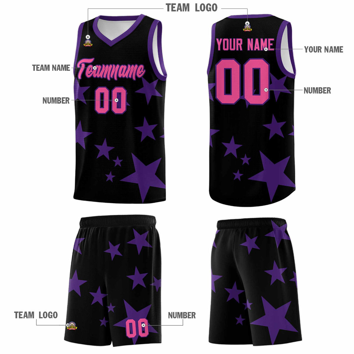 Custom Black Purple Graffiti Pattern Star Print Basketball Kits Sets