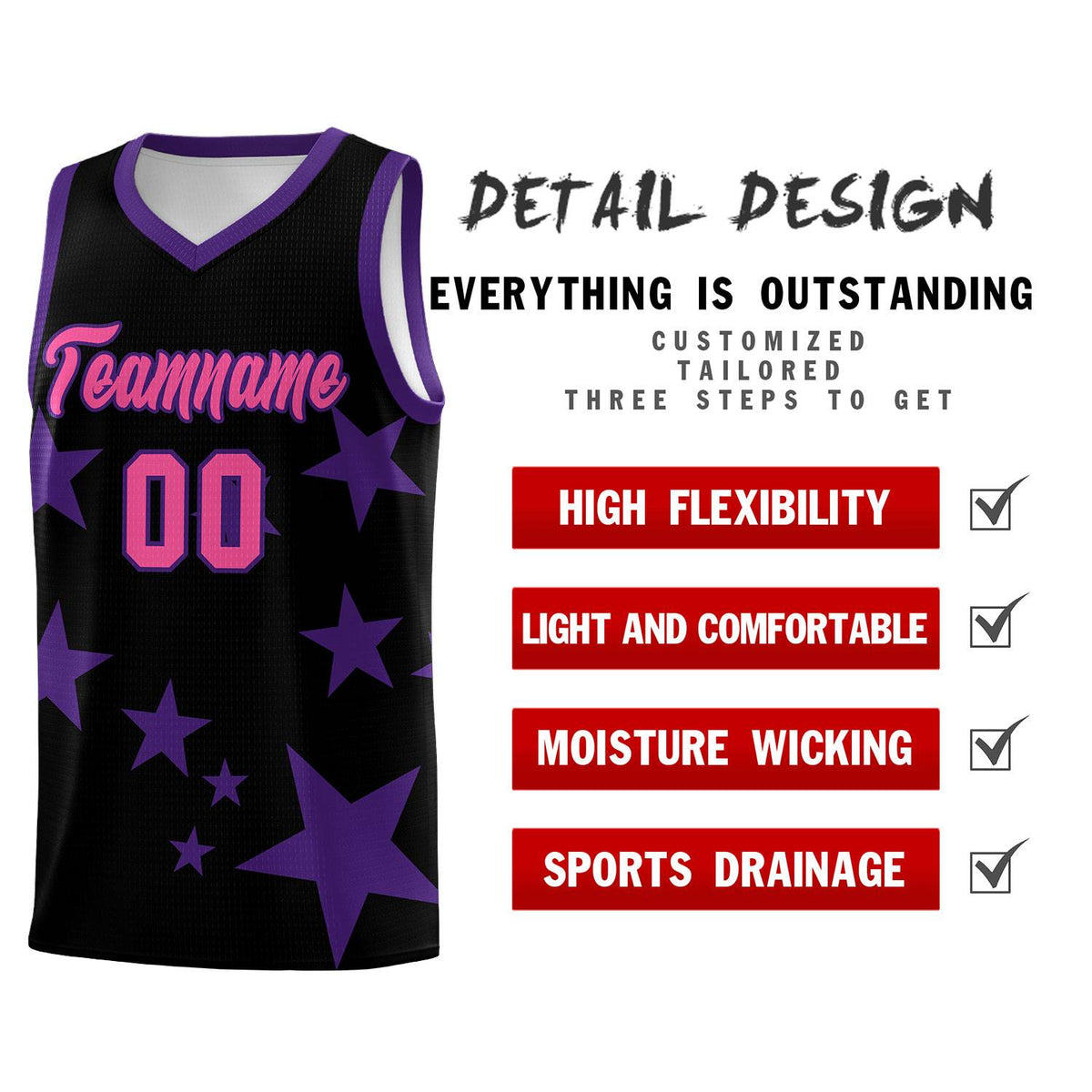 Custom Black Purple Graffiti Pattern Star Print Basketball Kits Sets