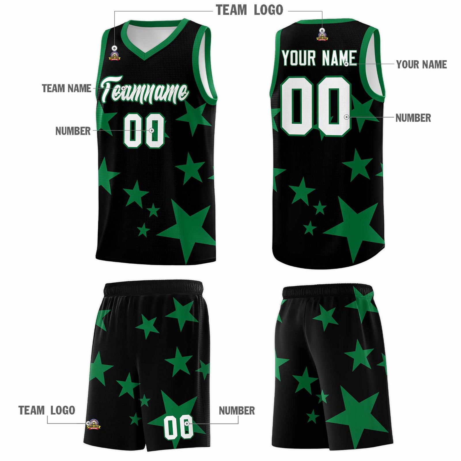 Custom Black Kelly Green Graffiti Pattern Star Print Basketball Kits Sets
