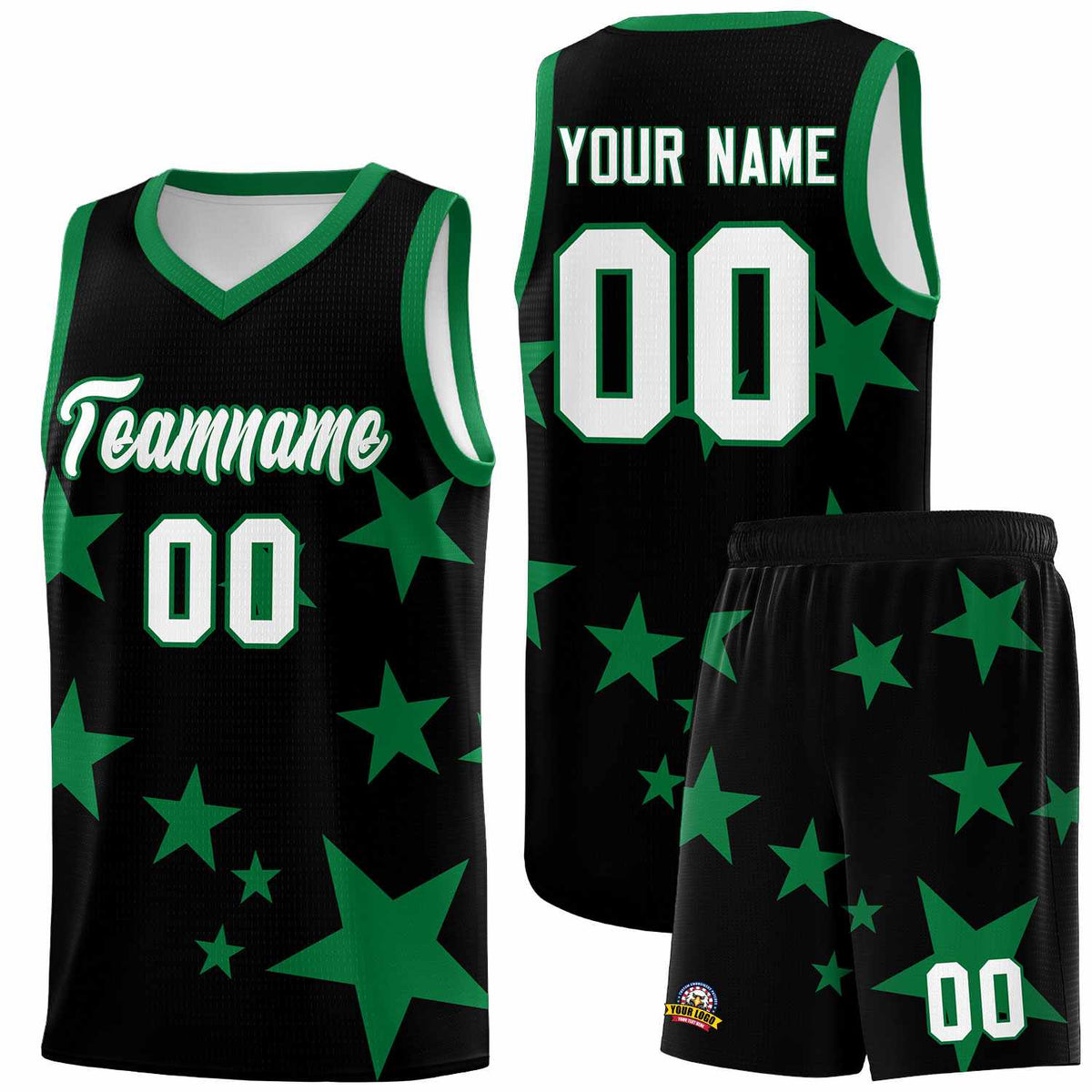 Custom Black Kelly Green Graffiti Pattern Star Print Basketball Kits Sets