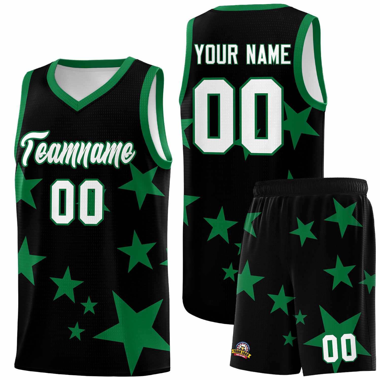 Custom Black Kelly Green Graffiti Pattern Star Print Basketball Kits Sets