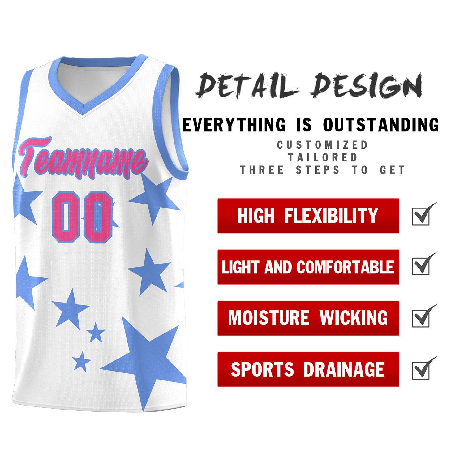 Custom White Light Blue Graffiti Pattern Star Print Basketball Kits Sets
