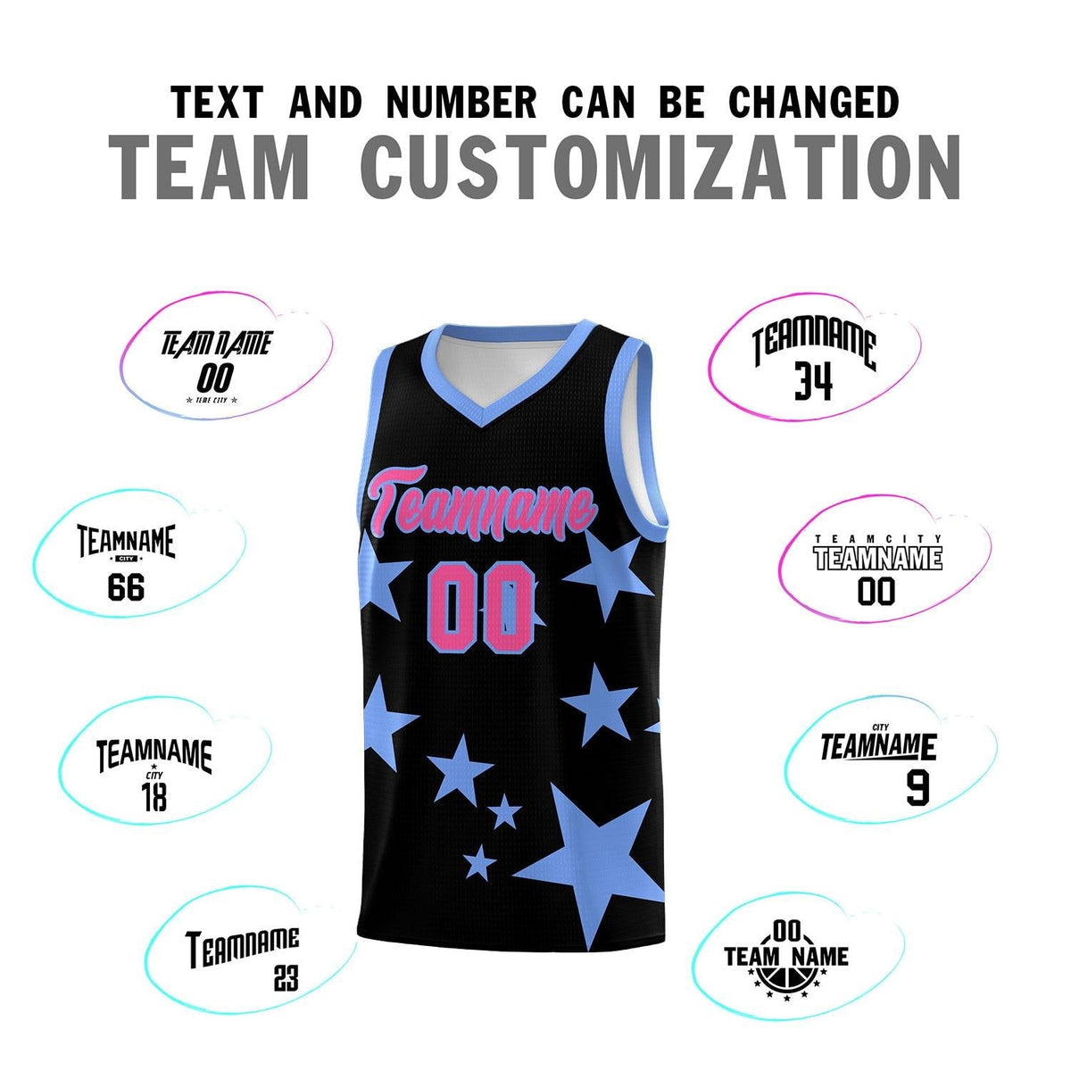 Custom Black Light Blue Graffiti Pattern Star Print Basketball Kits Sets