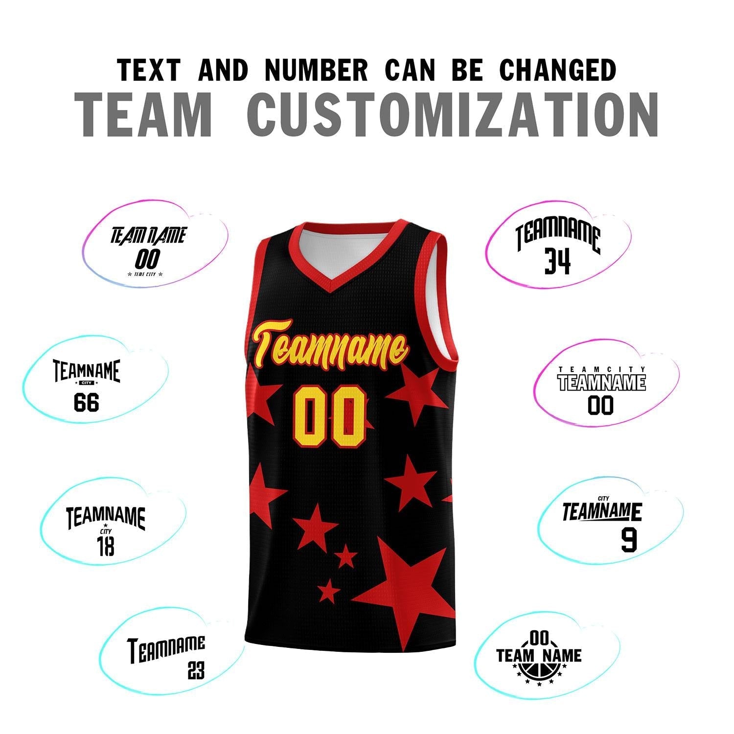 Custom Black Red Graffiti Pattern Star Print Basketball Kits Sets