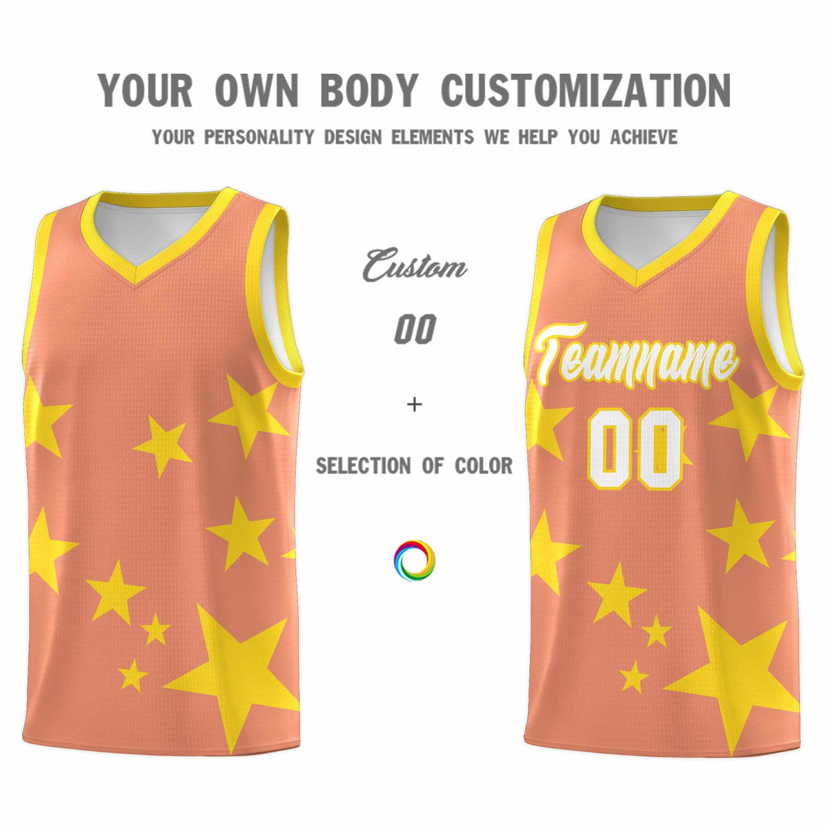 Custom Light Orange Gold Graffiti Pattern Star Print Basketball Kits Sets