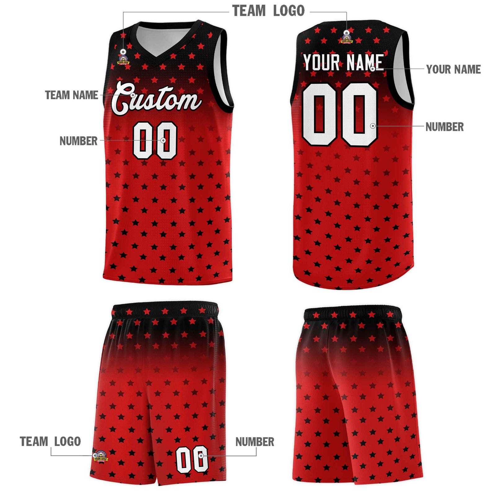 Custom Black Red Gradient Start Pattern Basketball Jersey Sets