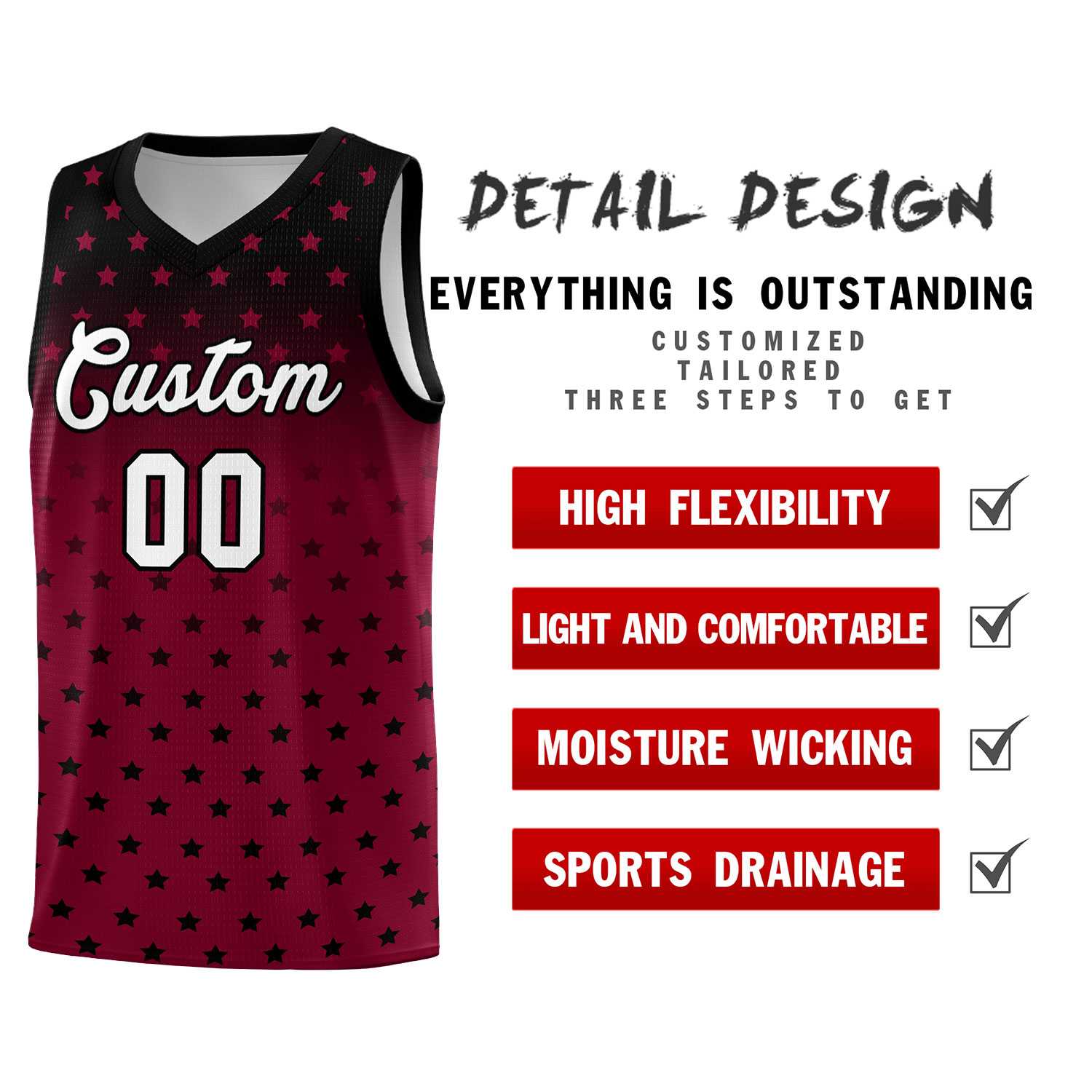 Custom Black Crimson Gradient Start Pattern Basketball Jersey Sets