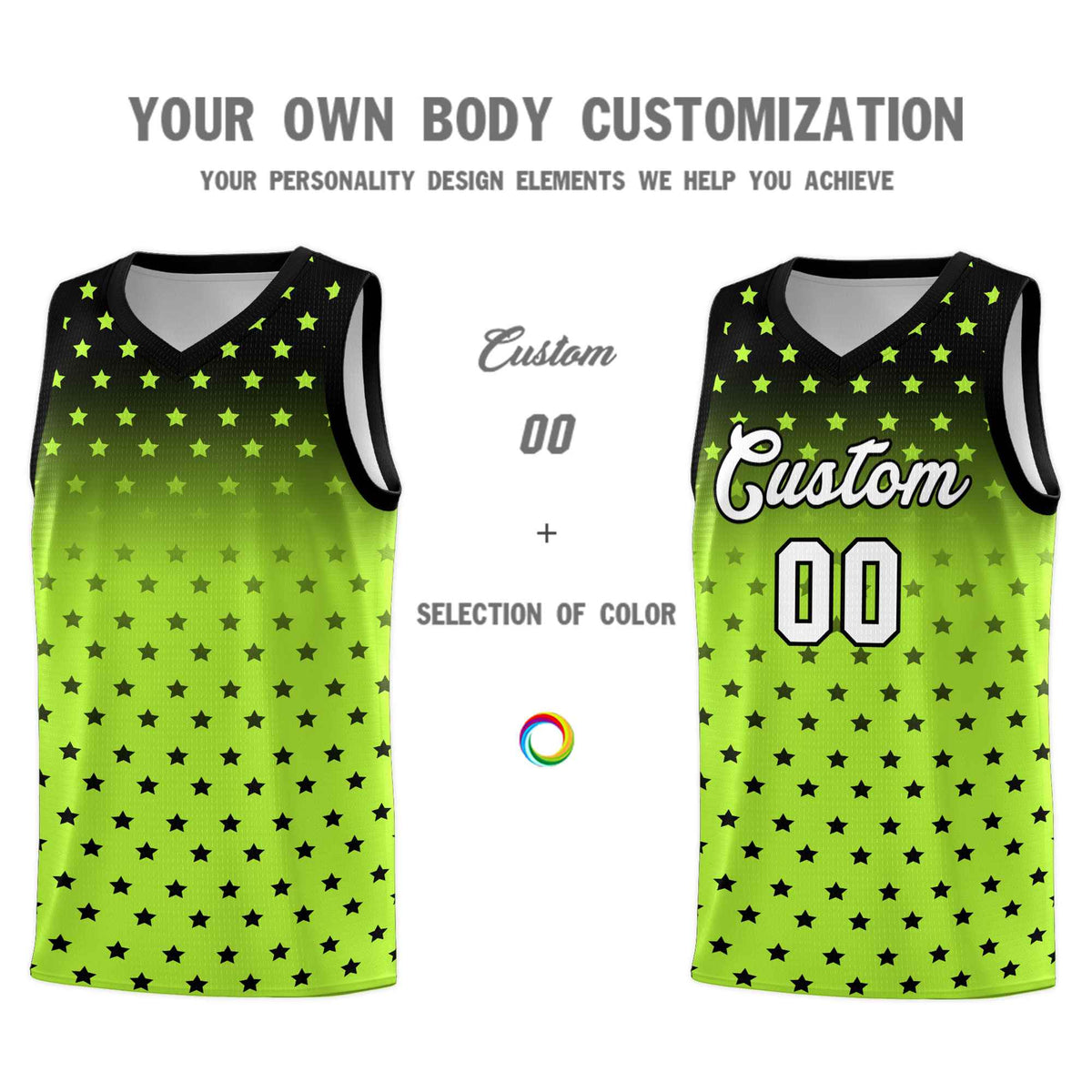 Custom Black Light Green Gradient Start Pattern Basketball Jersey Sets