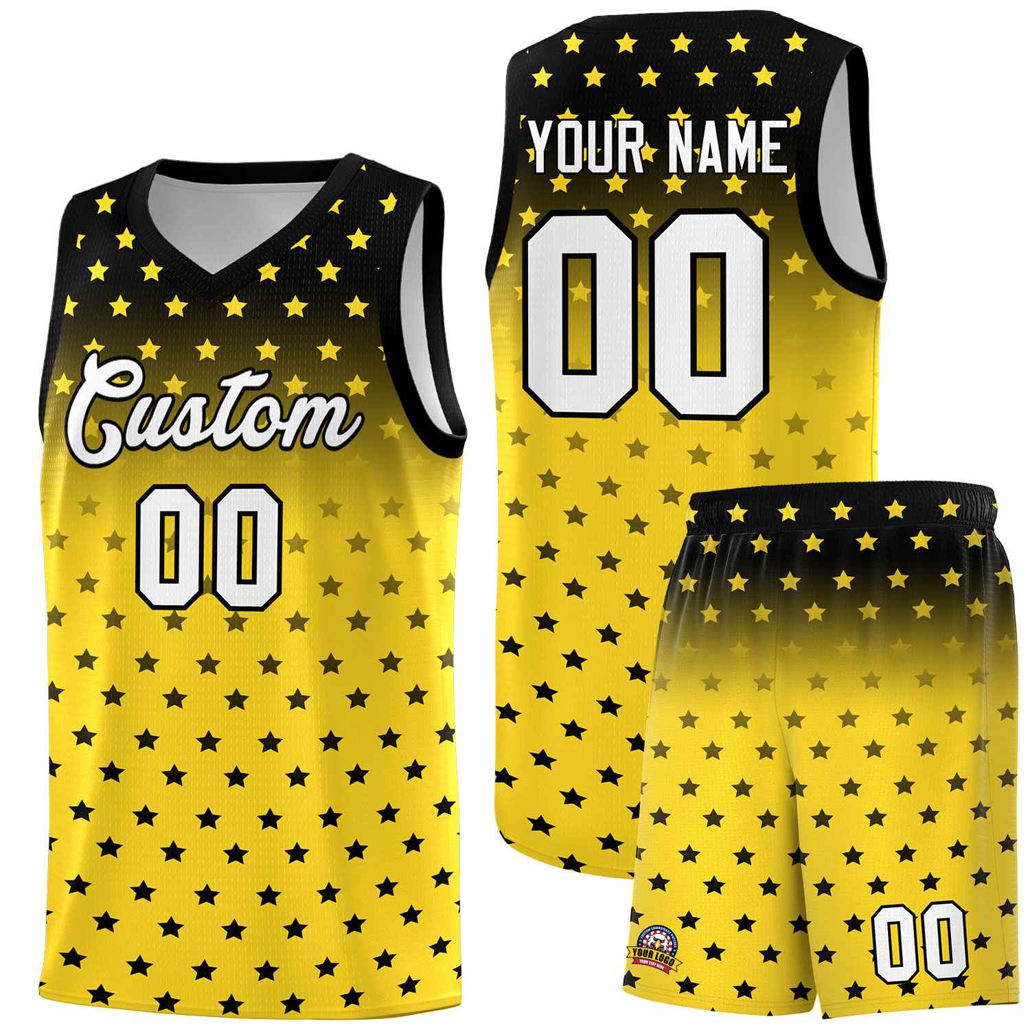 Custom Black Gold Gradient Start Pattern Basketball Jersey Sets