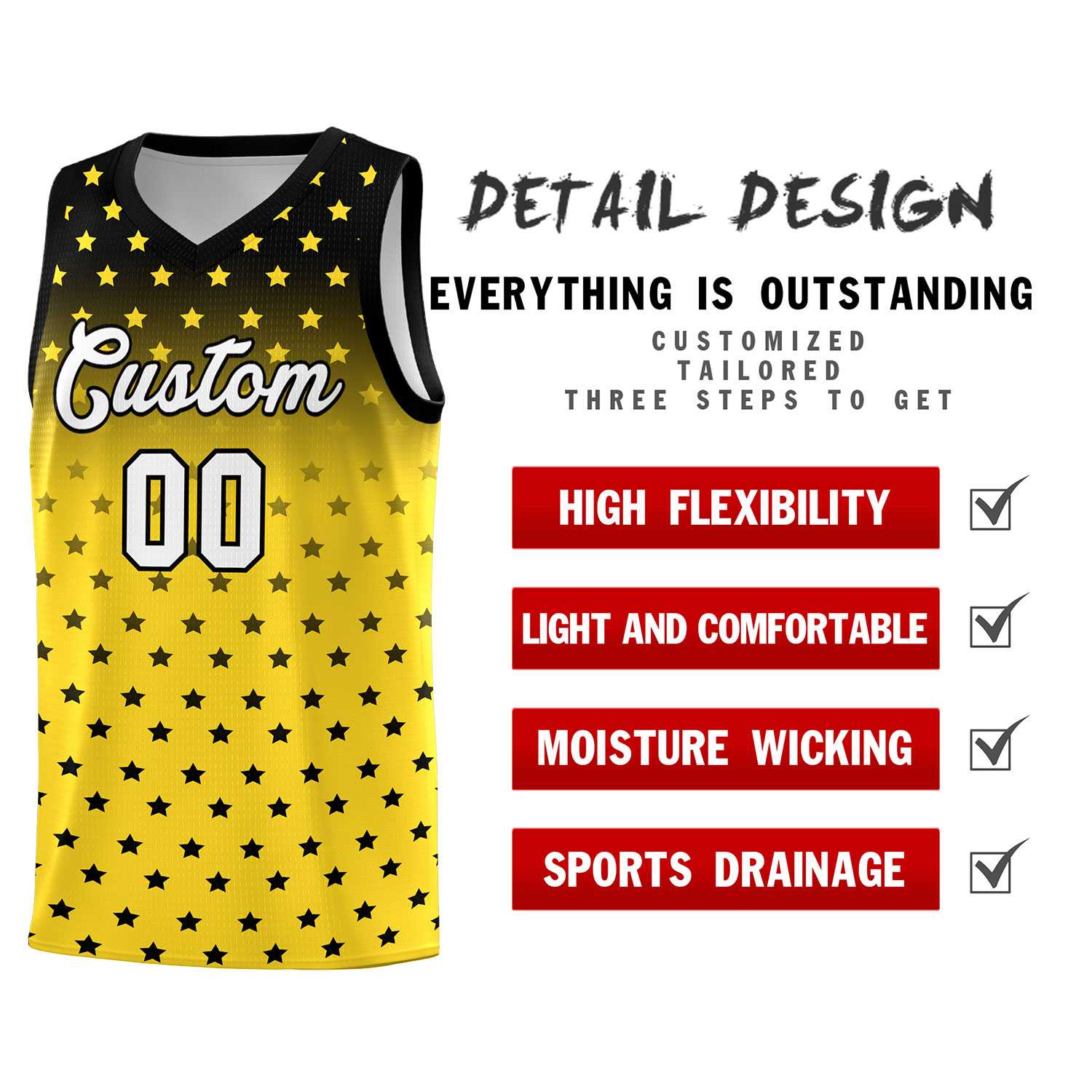 Custom Black Gold Gradient Start Pattern Basketball Jersey Sets