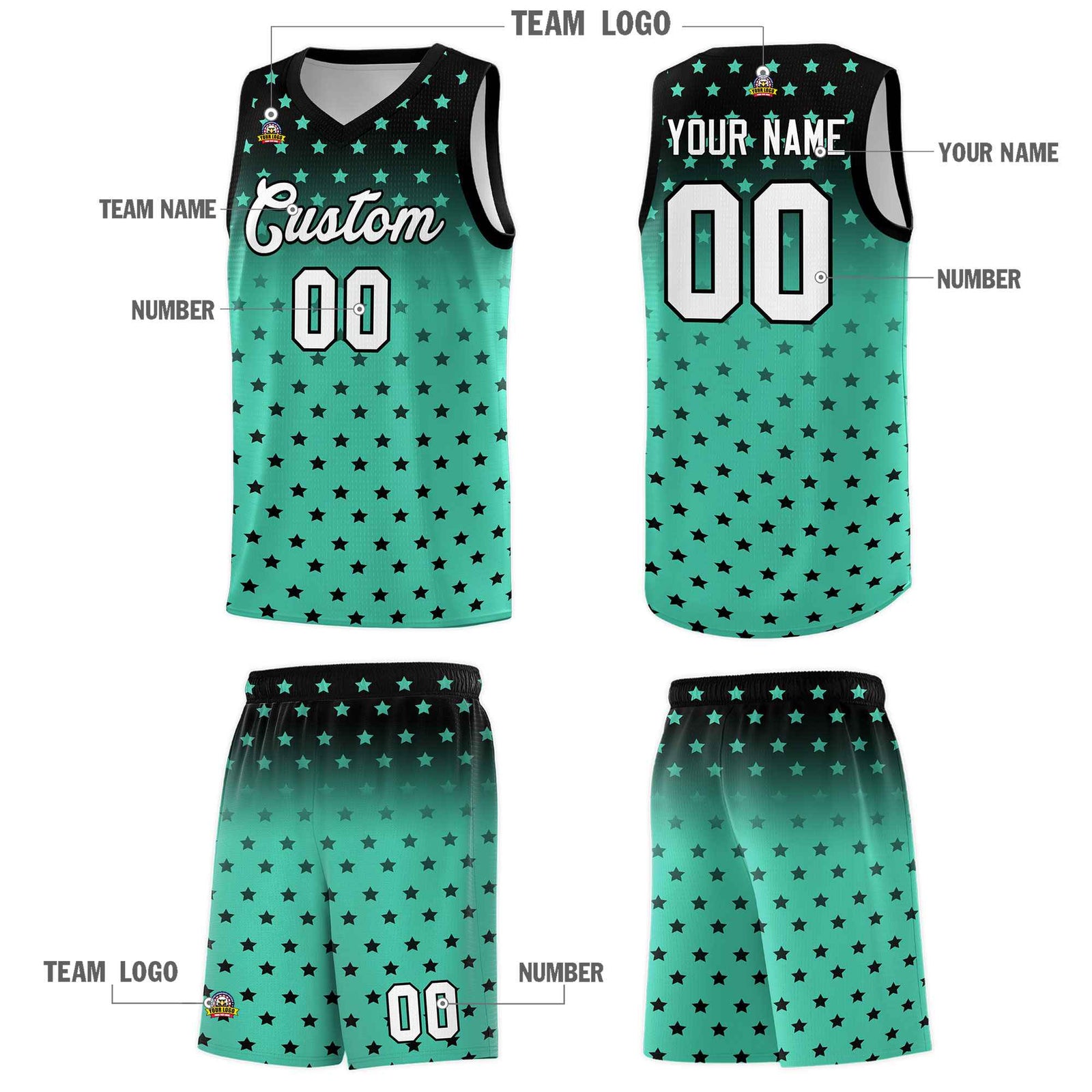 Custom Black Bright Green Gradient Start Pattern Basketball Jersey Sets