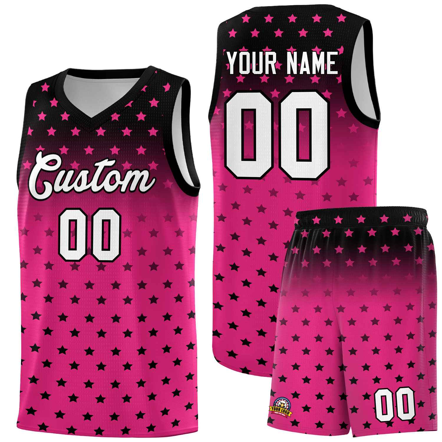 Custom Black Pink Gradient Start Pattern Basketball Jersey Sets