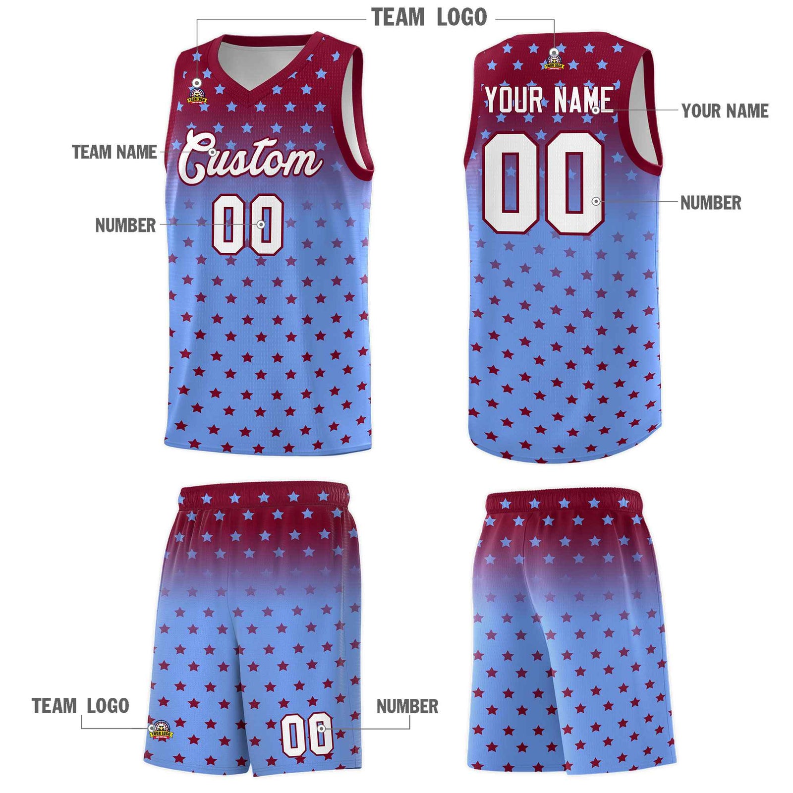 Custom Crimson Light Blue Gradient Start Pattern Basketball Jersey Sets