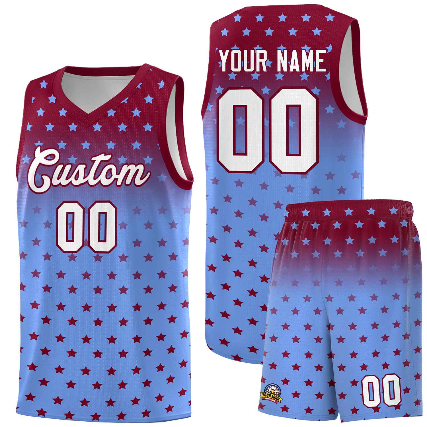 Custom Crimson Light Blue Gradient Start Pattern Basketball Jersey Sets