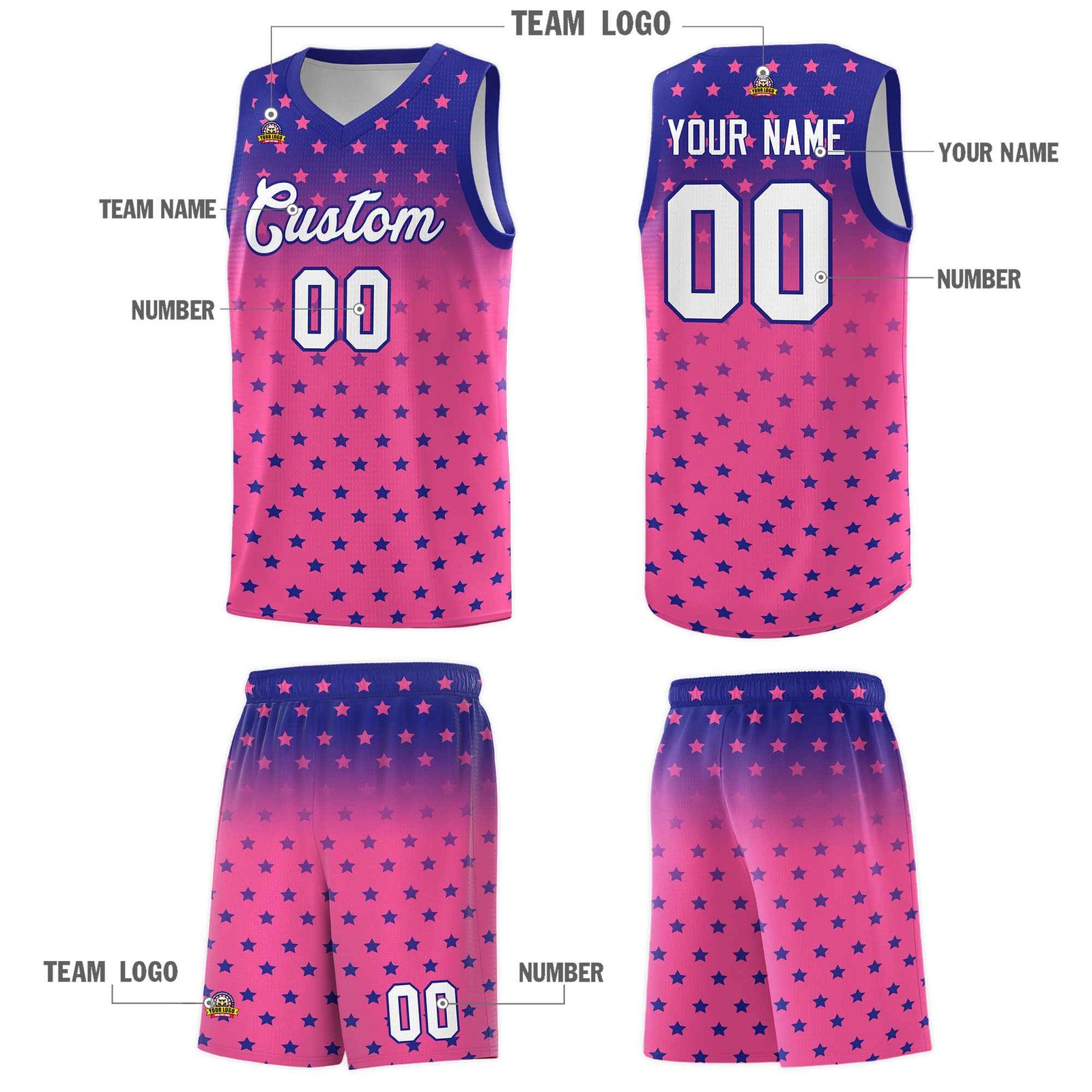 Custom Royal Pink Gradient Start Pattern Basketball Jersey Sets