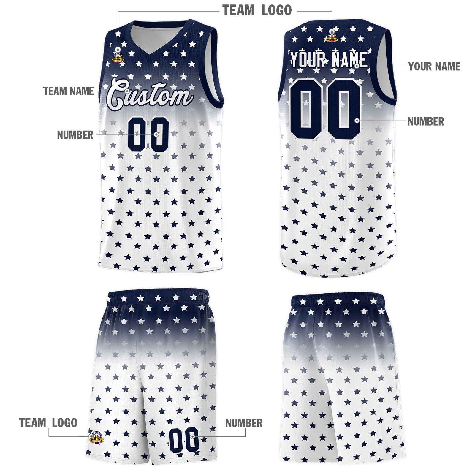 Custom Navy White Gradient Start Pattern Basketball Jersey Sets