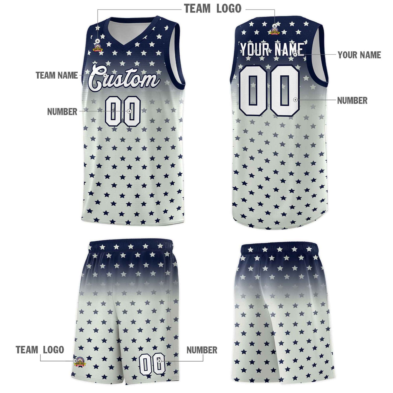 Custom Navy Gray Gradient Start Pattern Basketball Jersey Sets