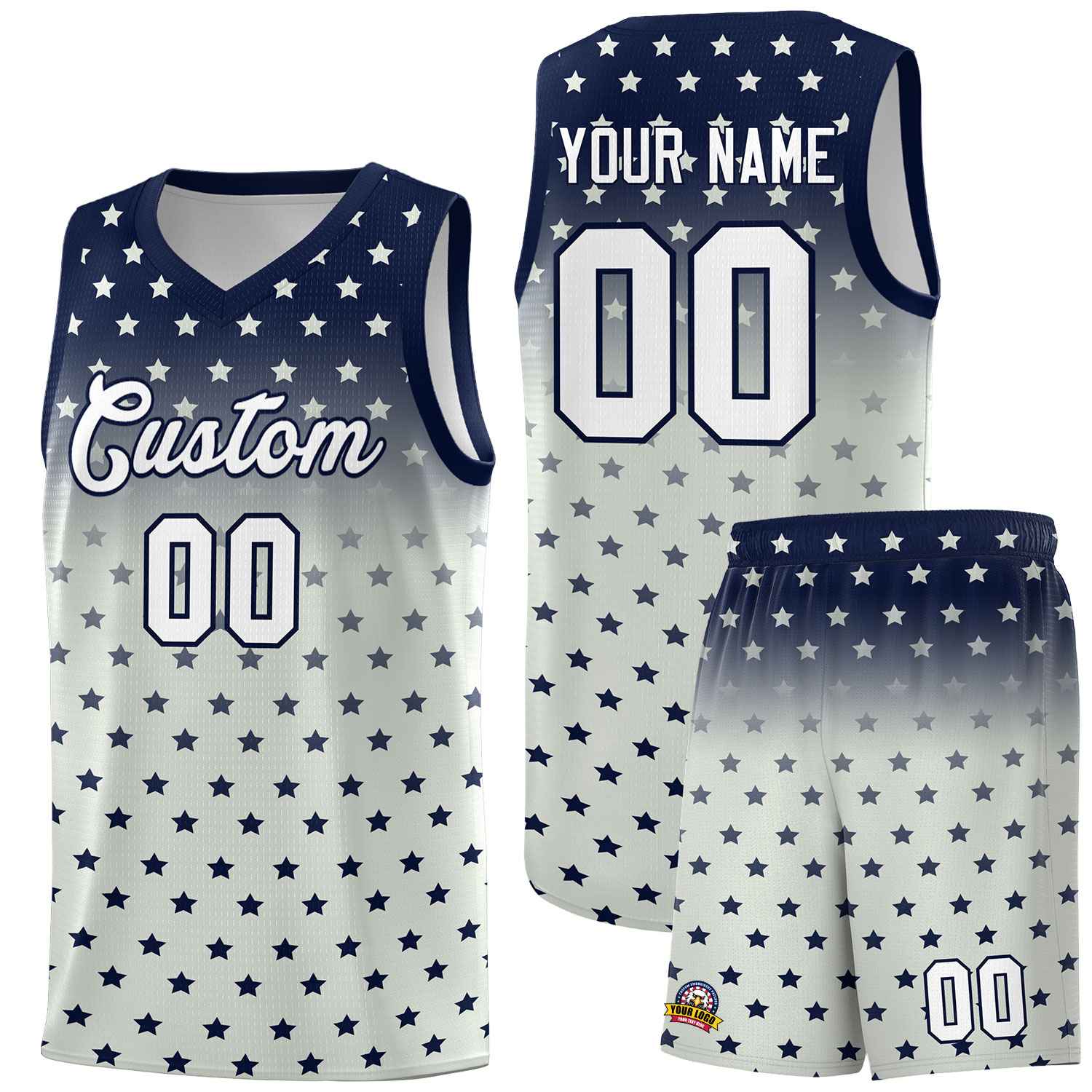 Custom Navy Gray Gradient Start Pattern Basketball Jersey Sets