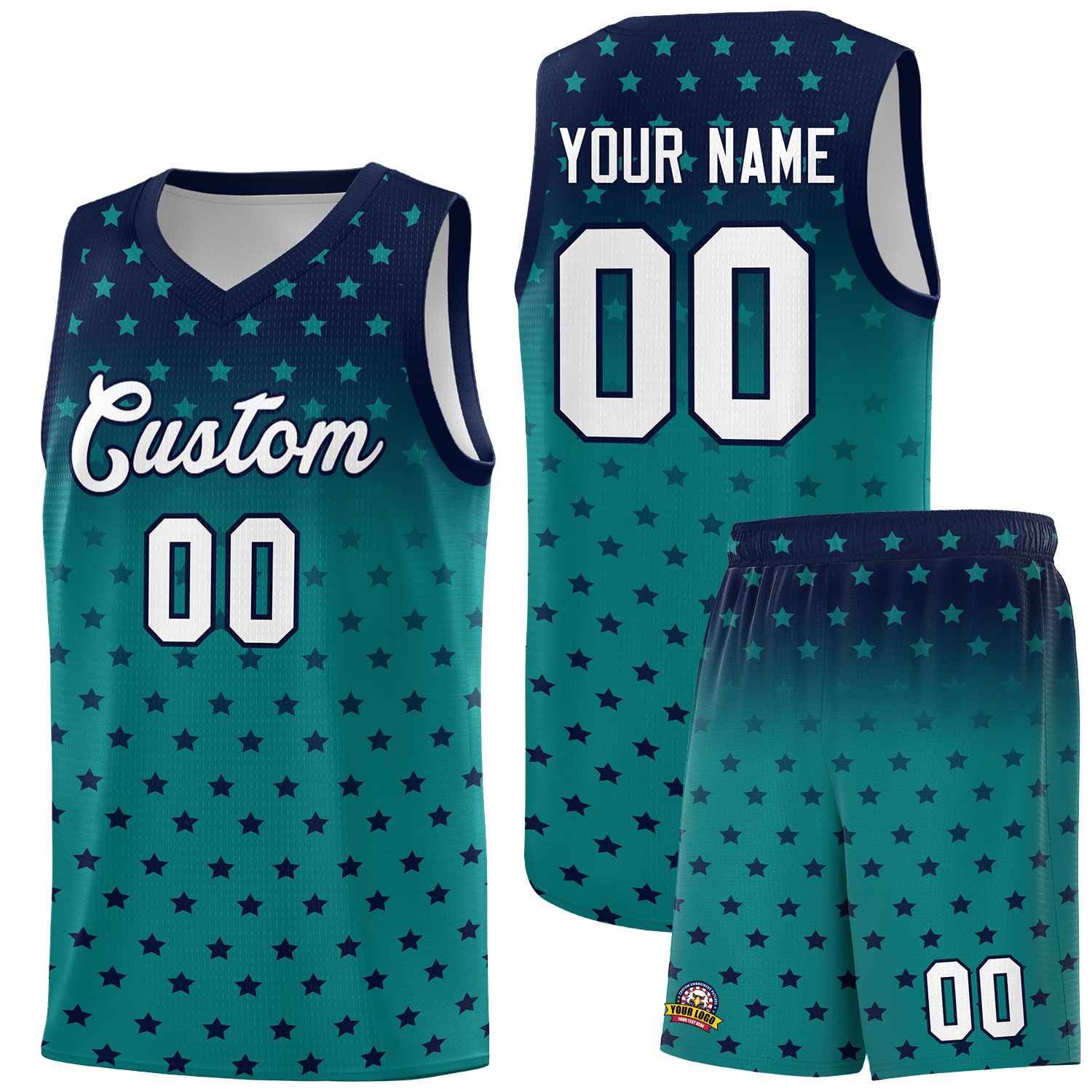 Custom Navy Aqua Gradient Start Pattern Basketball Jersey Sets
