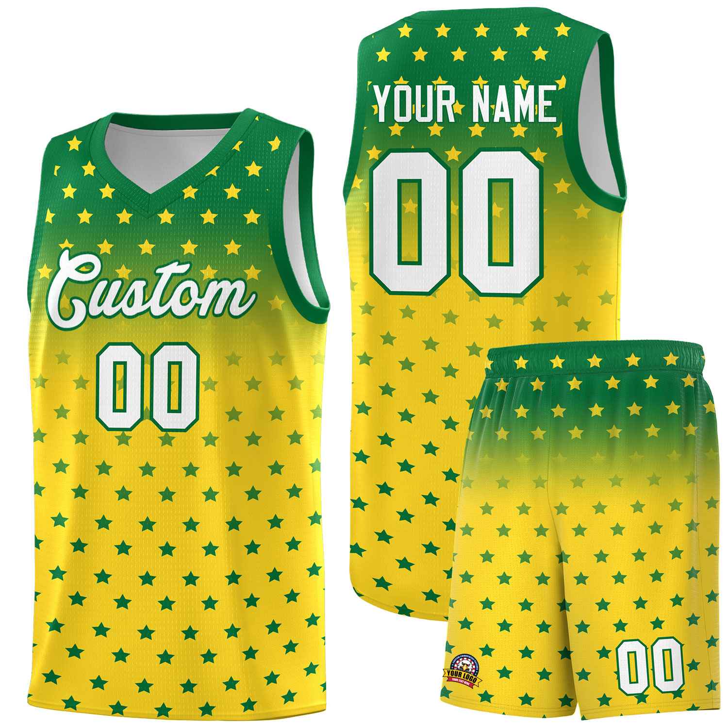 Custom Kelly Green Gold Gradient Start Pattern Basketball Jersey Sets