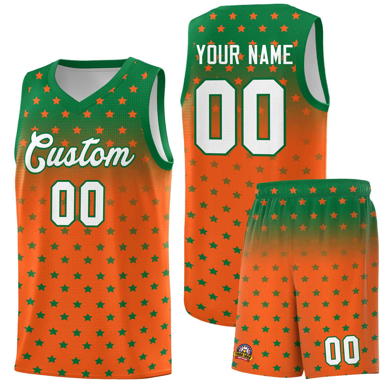 Custom Kelly Green Orange Gradient Start Pattern Basketball Jersey Sets