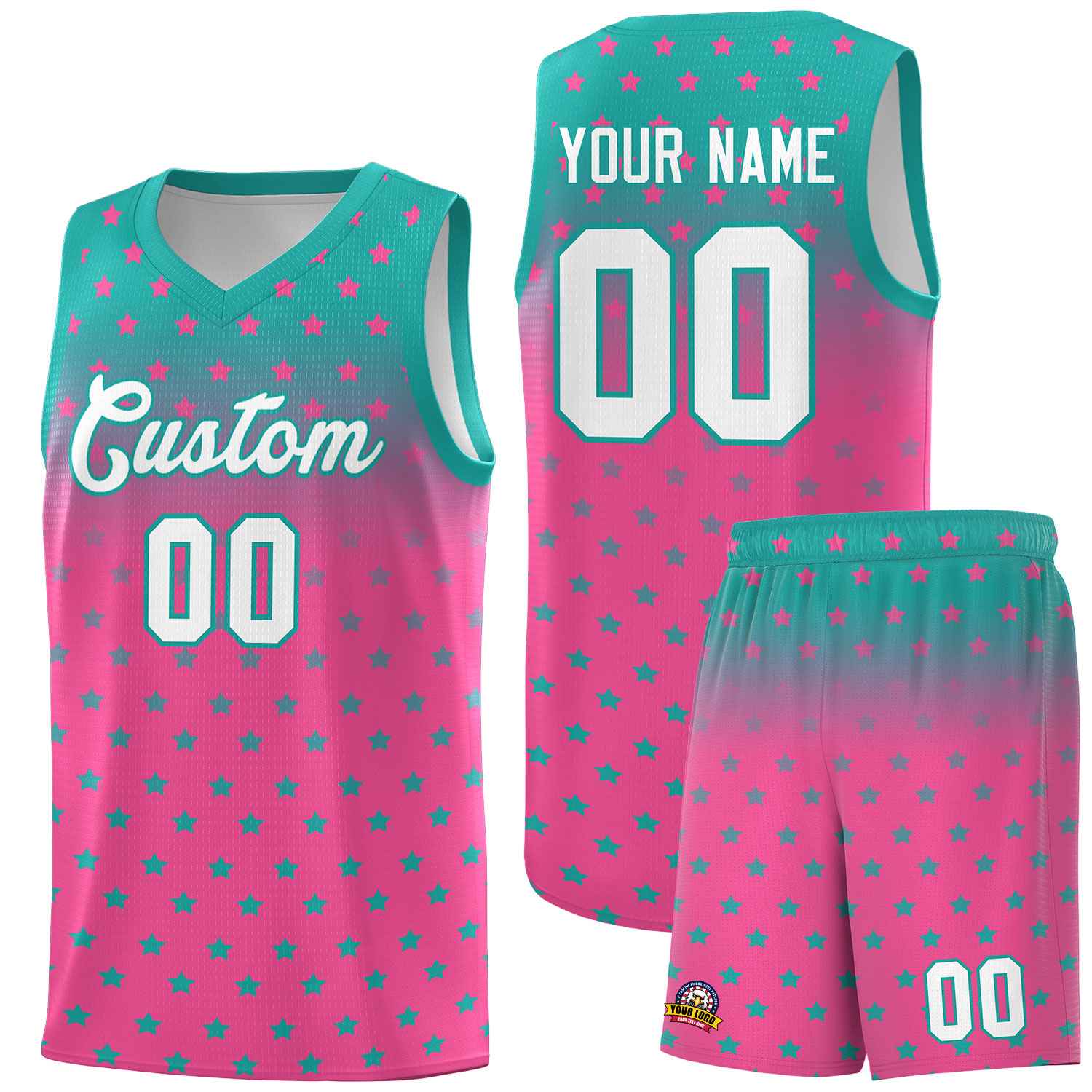 Custom Aqua Pink Gradient Start Pattern Basketball Jersey Sets