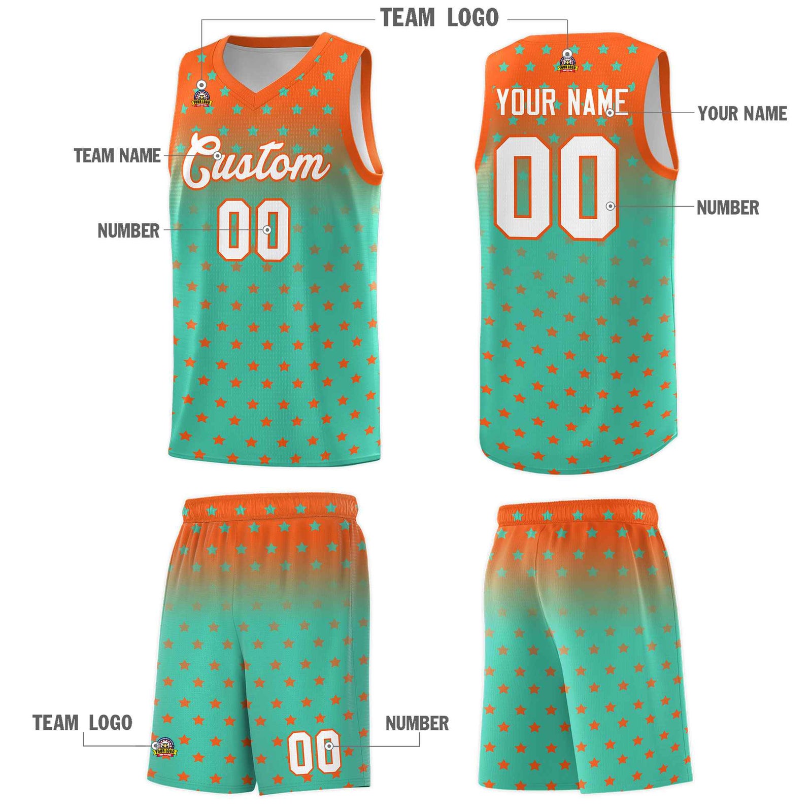 Custom Orange Aqua Gradient Start Pattern Basketball Jersey Sets