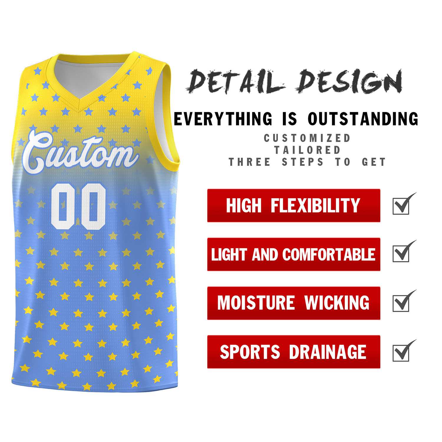 Custom Gold Light Blue Gradient Start Pattern Basketball Jersey Sets
