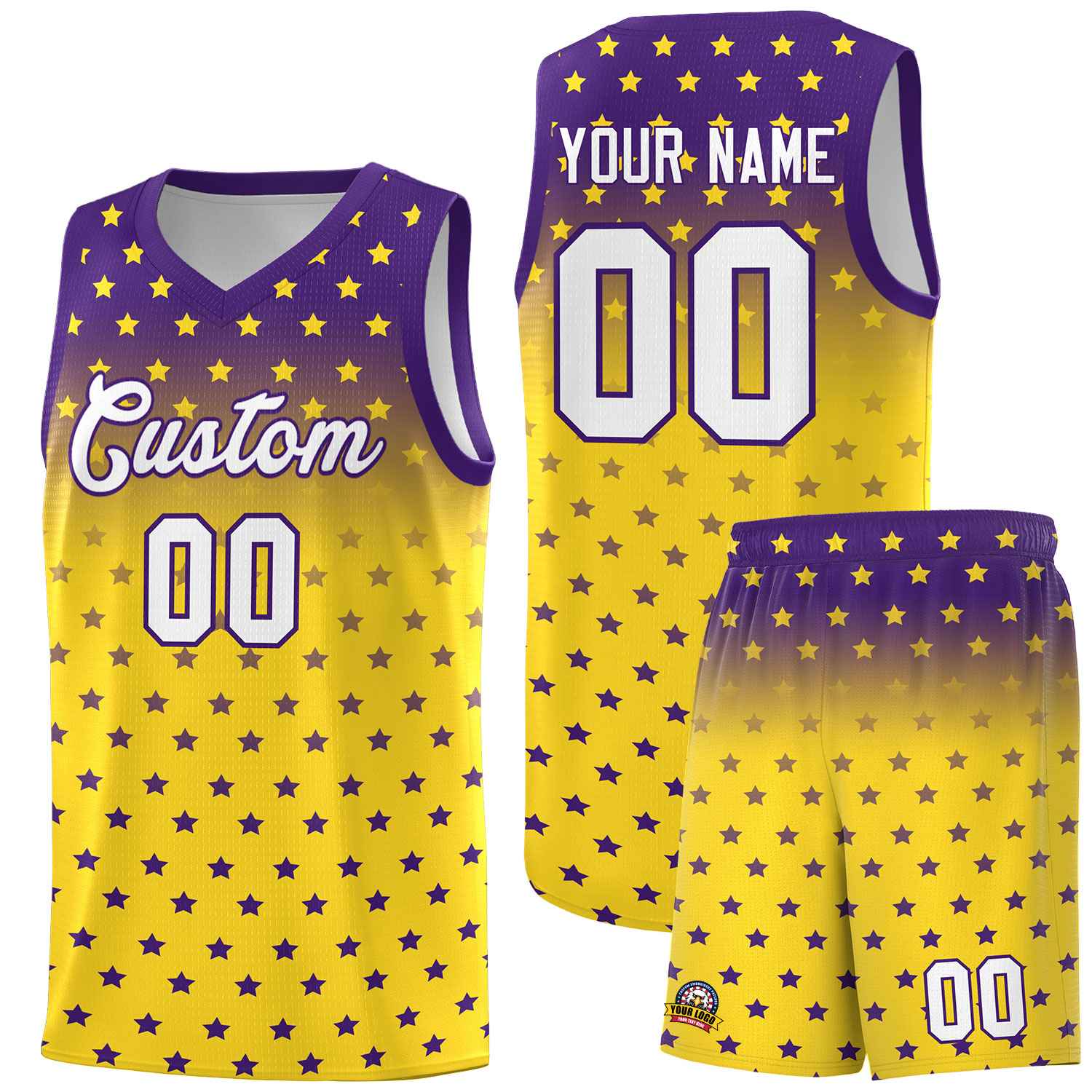 Custom Purple Gold Gradient Start Pattern Basketball Jersey Sets
