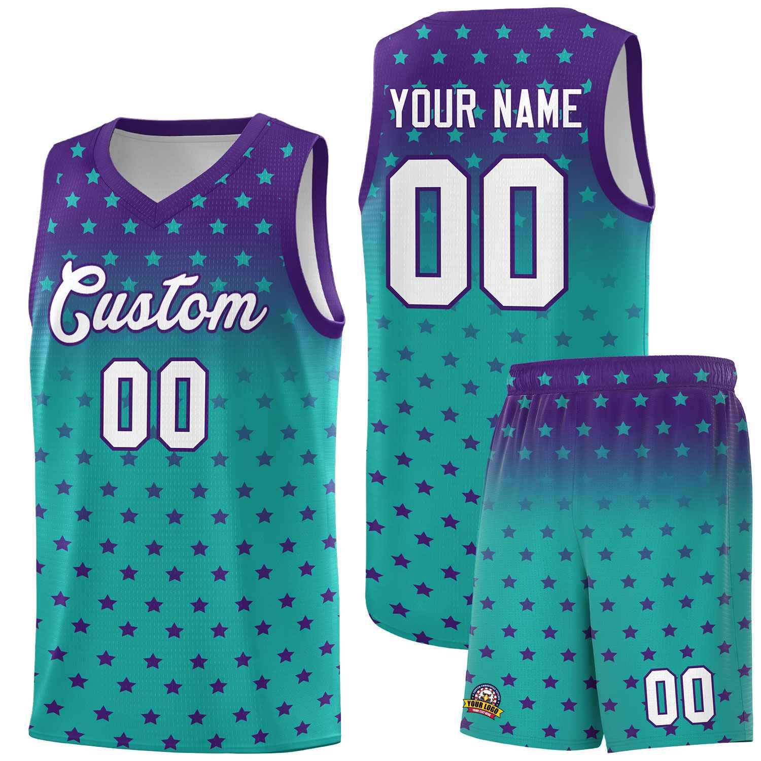 Custom Purple Aqua Gradient Start Pattern Basketball Jersey Sets