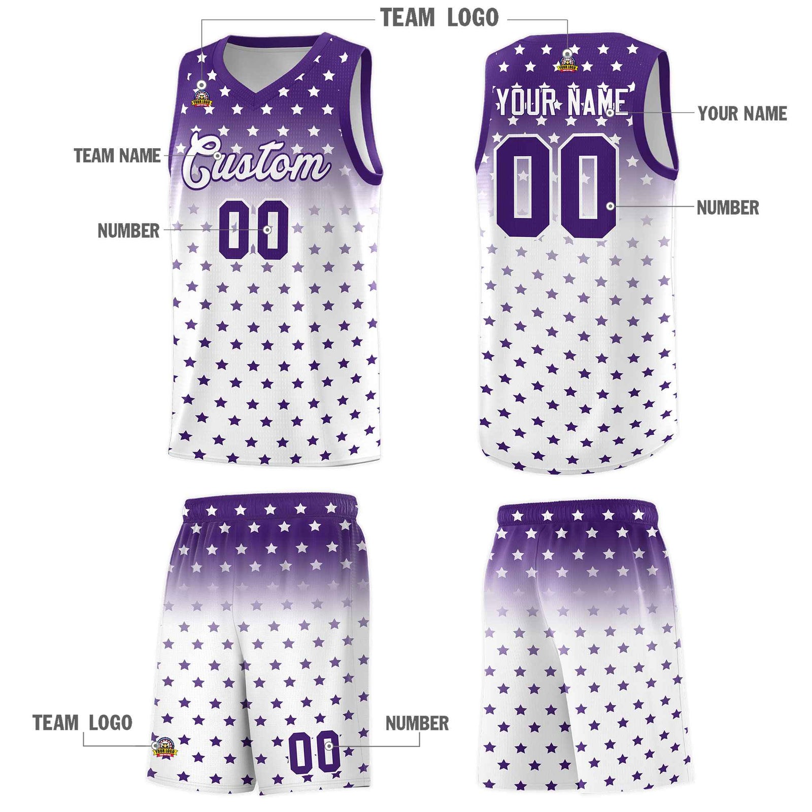 Custom Purple White Gradient Start Pattern Basketball Jersey Sets